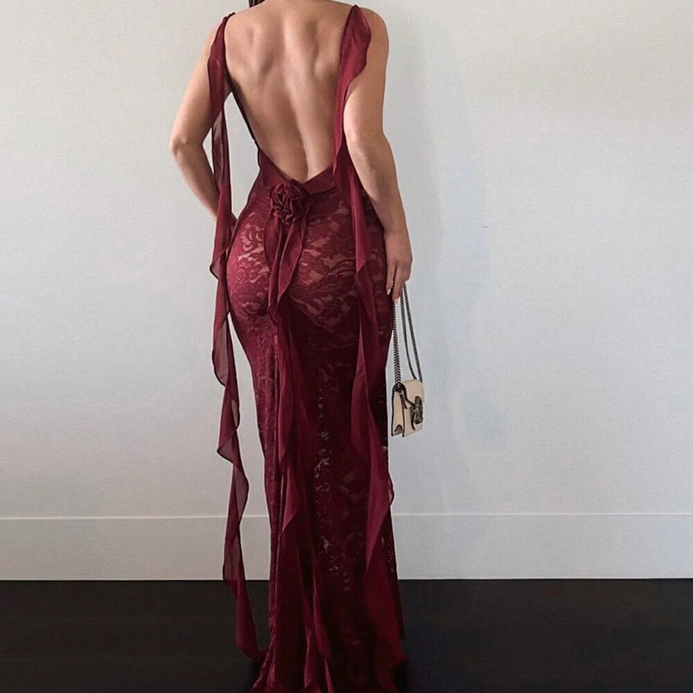 Burgundy Elegant Women's Stretchy Lace Trim Ruched Chiffon Valentine's Dress - Picture 3 of 5